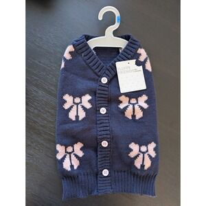 Fluffy Friends Dog Pet Cardigan Sweater Navy Blue Pink Bow Knit Sz M Coquette